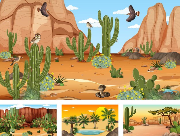 Verschillende scènes met woestijnboslandschap met dieren en planten