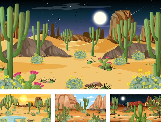 Verschillende scènes met woestijnboslandschap met verschillende woestijnplanten