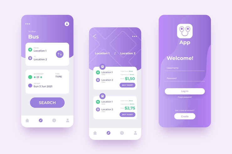 Gratis Vector verschillende schermen voor mobiele app violet openbaar vervoer