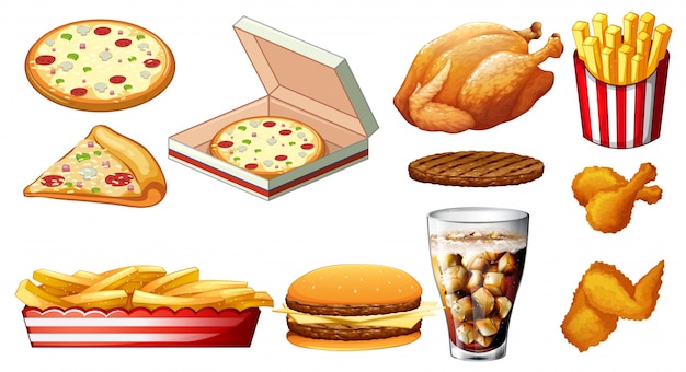 Verschillende soorten fastfood en drank illustratie