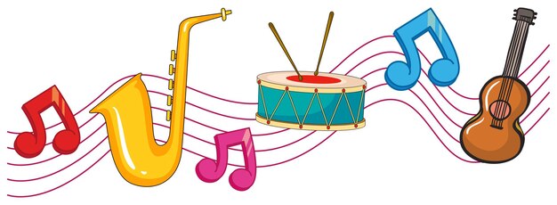 Verschillende soorten instrumenten met muzieknoten op de achtergrond