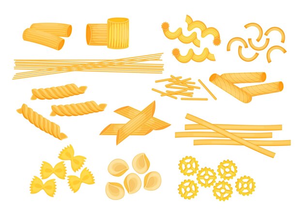 Verschillende soorten Italiaanse pasta platte illustraties set