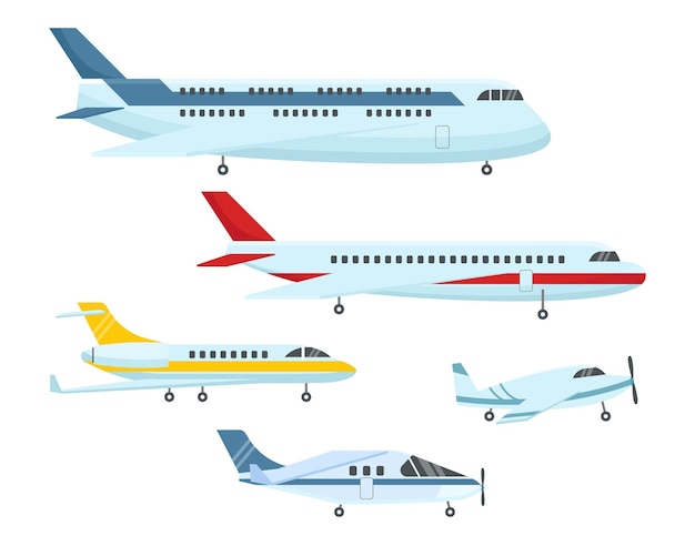 Verschillende soorten vliegtuigen platte vector illustraties set. Passagiersvliegtuig of vliegtuig, jets of vliegtuigen voor luchtvaartmaatschappijen, luchtvervoer geïsoleerd op een witte achtergrond. Luchtvaart, transportconcept