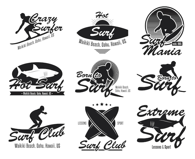 Verschillende surfclub platte emblemen instellen. Zwart logo of borden met surfplank, surfer, haai, golf vector illustratie collectie. Zomer, reizen, Hawaii en design