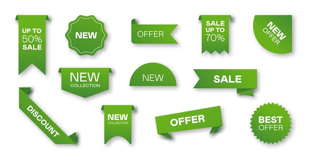 Verschillende verkoop groene linten platte pictogramserie. prijskentekens, speciale aanbiedingetiketten en kortingsstickers geïsoleerde vector illustratieinzameling. promotiesjablonen en ontwerpelementen