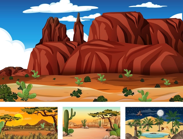Verschillende woestijnboslandschapscènes met verschillende woestijnplanten
