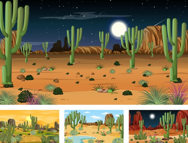 Verschillende woestijnbostaferelen met verschillende woestijnplanten