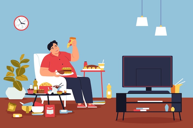 Verslavingscompositie met een liefdeskamer binnenshuis en een dikke man die junkfood eet voor de tv
