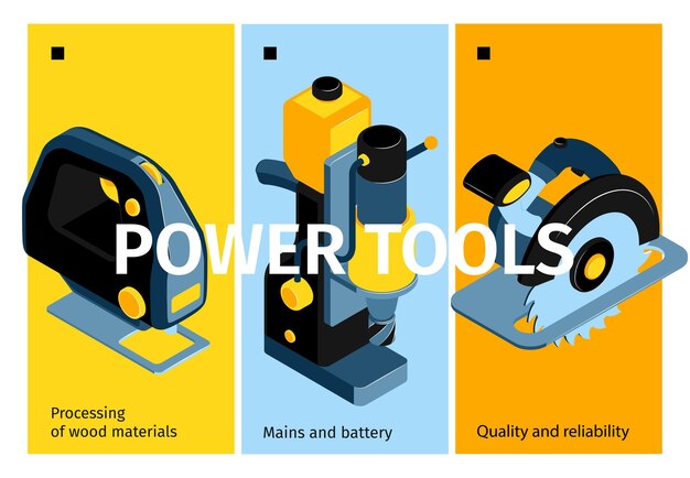 Verticale banners voor elektrische machines en gereedschappen die kwaliteit en betrouwbaarheid bevorderen bij de verwerking met isometrische vectorillustratie van houtmaterialen