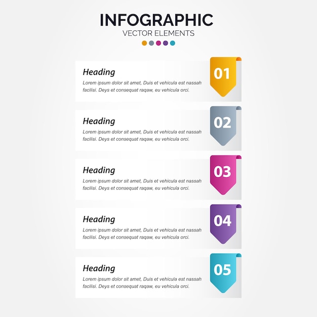 Verticale infographic business marketing vector ontwerp kleurrijke sjabloon map 5 opties of stappen in minimalistische stijl