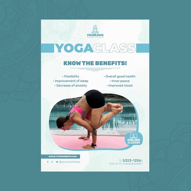Gratis vector verticale poster sjabloon voor yoga praktijk met vrouw