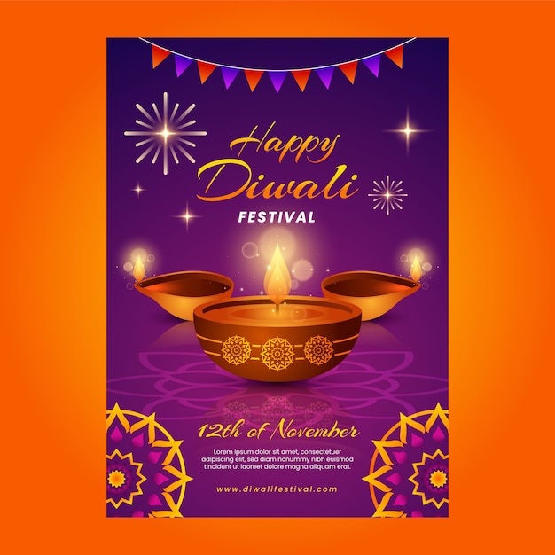 Verticale postersjabloon met kleurovergang voor de viering van het hindoe diwali-festival