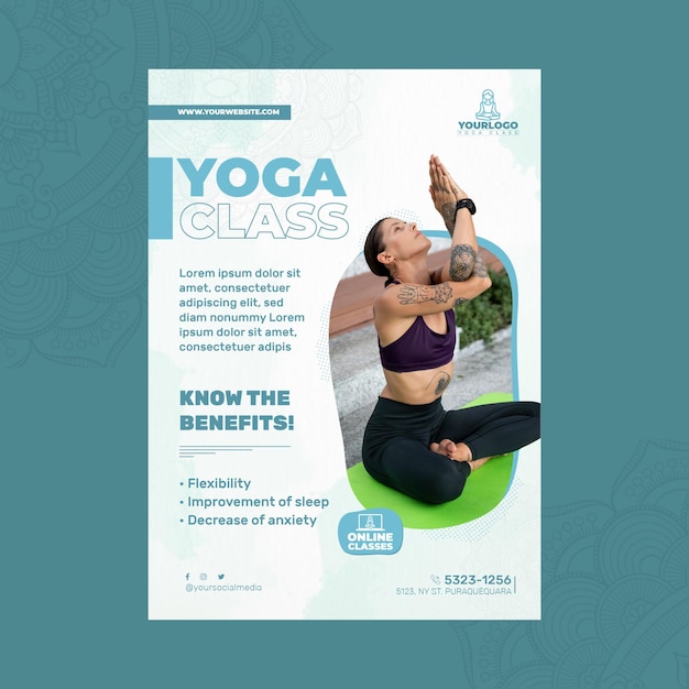 Verticale sjabloon folder voor yoga praktijk met vrouw