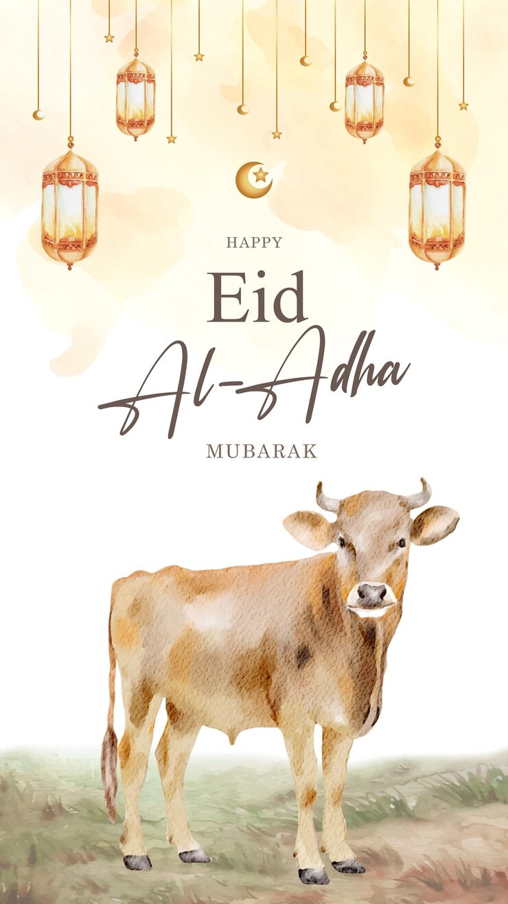 Verticale vlag van Eid Al Adha met koeien Qurban Waterverf achtergrond