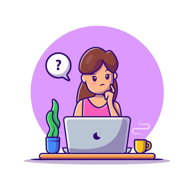 Verwarde vrouw die op laptop werkt Cartoon pictogram illustratie. Mensen technologie pictogram Concept