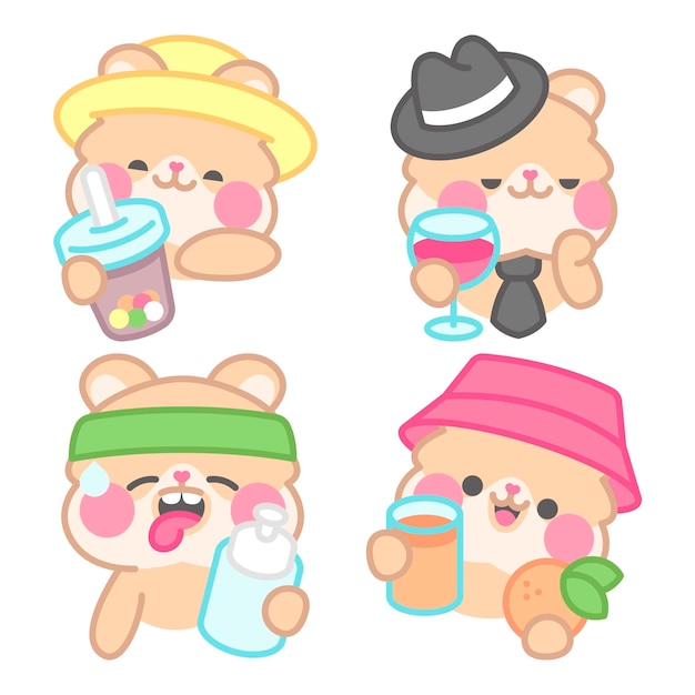 Gratis vector verzameling drankjesstickers met kimchi de hamster