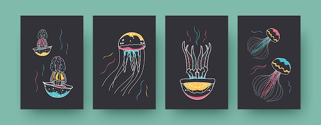 Verzameling hedendaagse kunstkaart met kleurrijke medusa's