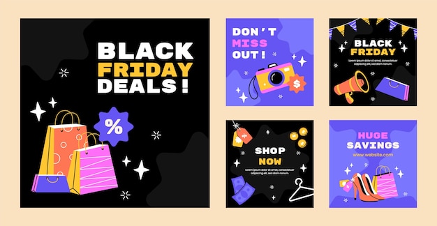 Gratis vector verzameling instagram-berichten voor black friday-uitverkoop