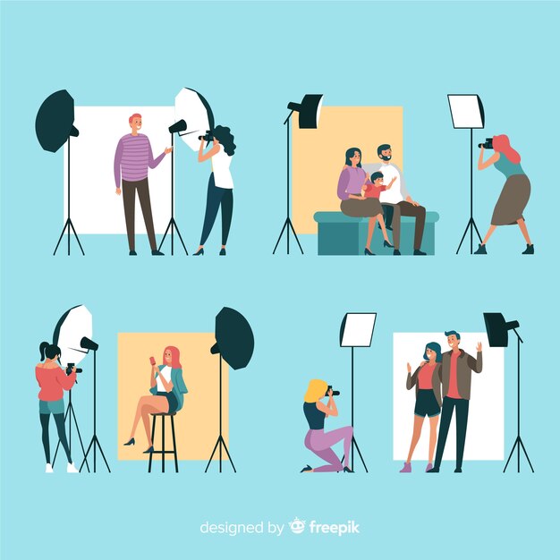 Verzameling platte fotografen aan het werk