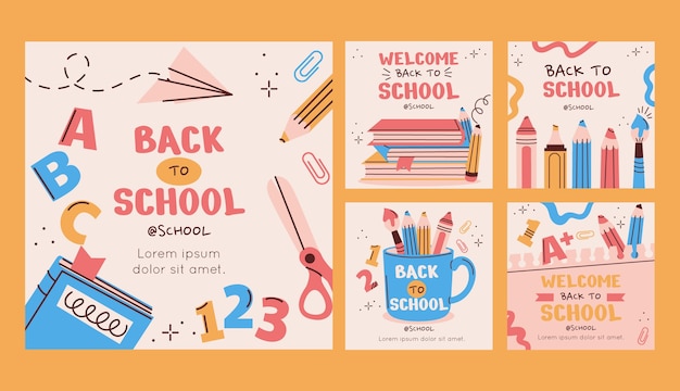 Verzameling platte instagram-berichten voor terug naar schoolseizoen