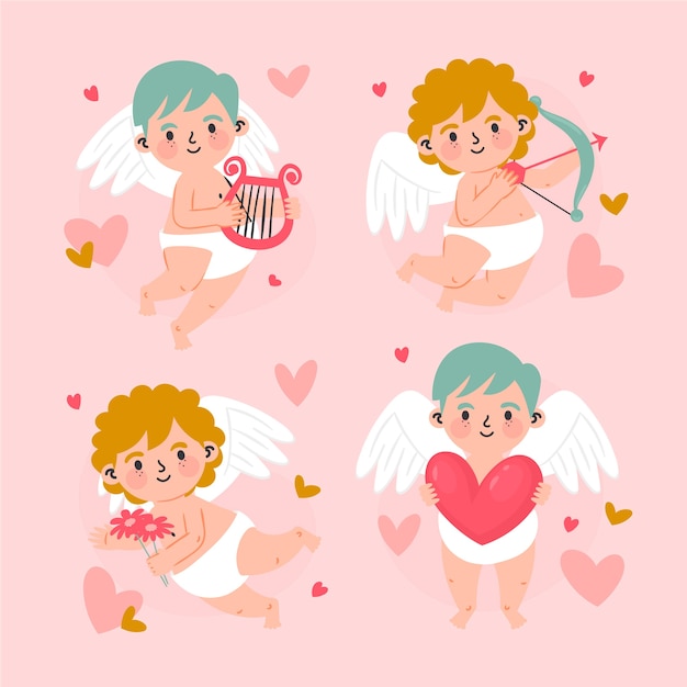 Verzameling platte valentijnsdag cupido-personages
