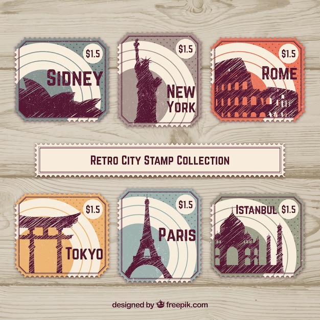 Gratis vector verzameling stadsstempels in retro stijl