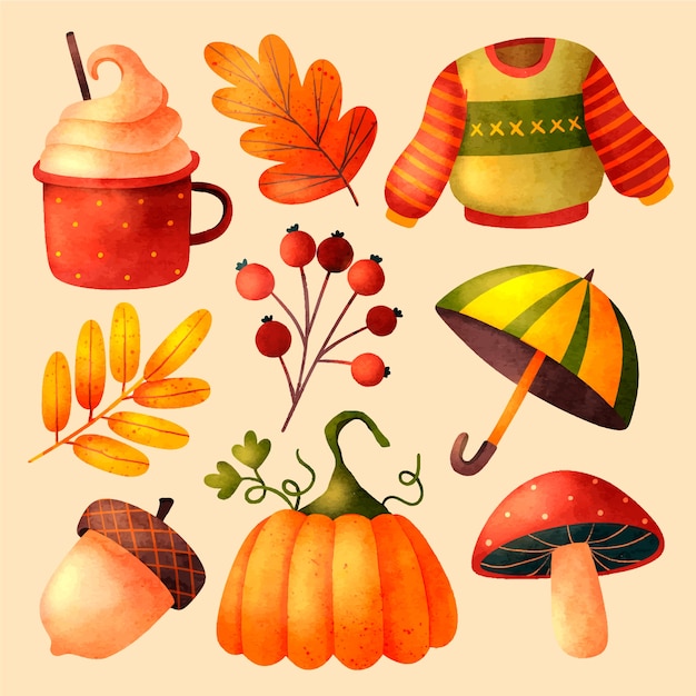 Gratis vector verzameling van aquarelelementen voor herfstviering