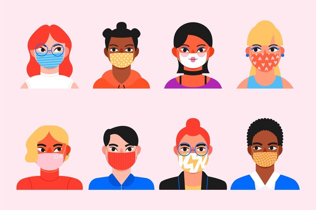 Verzameling van avatars van mensen die medische maskers dragen