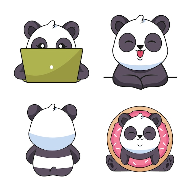 Verzameling van cartoon handgetekende panda's met behulp van laptop glimlachend achterover leunen met donut