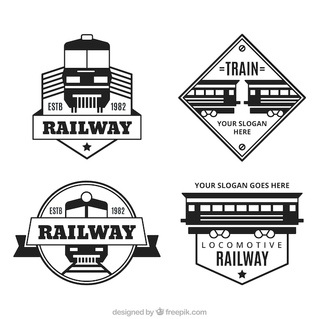 Verzameling van decoratieve logo&#39;s met treinen in vlakke vormgeving