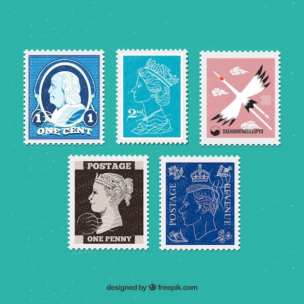 Verzameling van decoratieve postzegels in vintage stijl