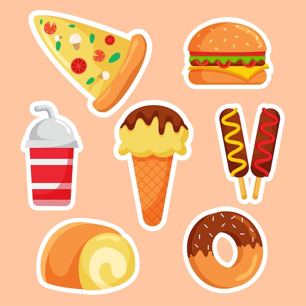 Gratis vector verzameling van fastfood in verschillende soorten tekenitems grafisch ontwerp voor bannersticker die reclame maakt voor fastfood en drankthema vectorillustratie