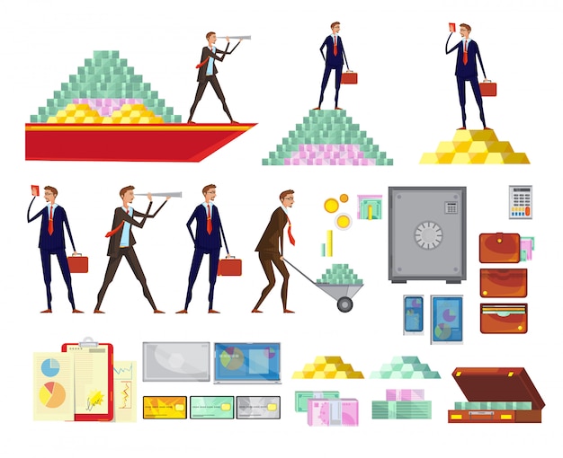 Gratis vector verzameling van geïsoleerde financiële rijkdom cartoonafbeeldingen van bediende karakters cash piramides veilige vakken en sui