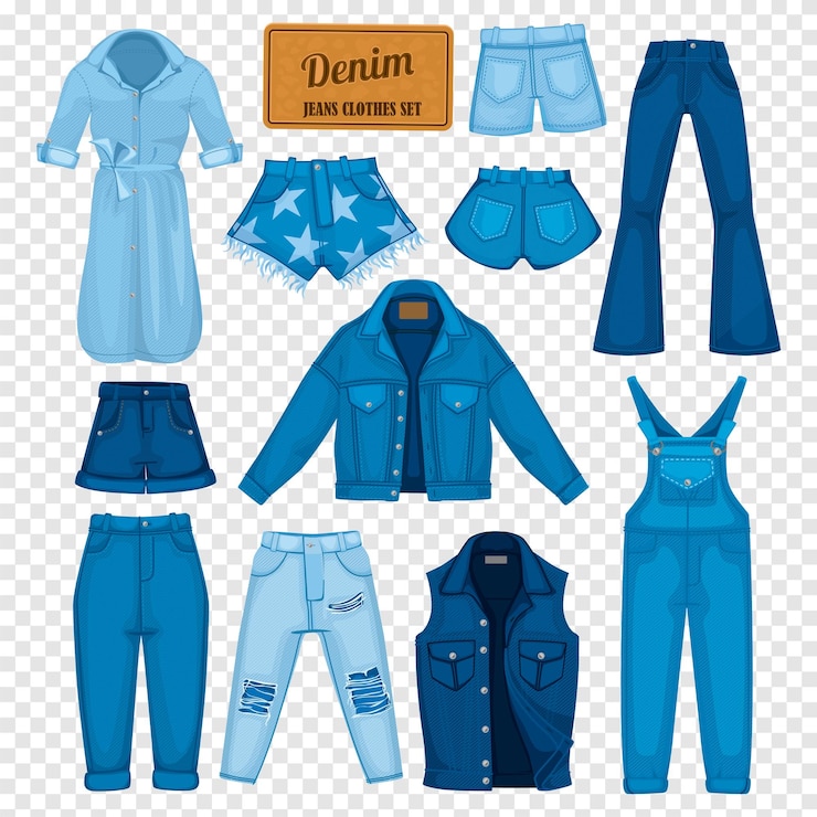 Gratis Vector verzameling van geïsoleerde jeans denim met geïsoleerde textielproducten gemaakt van denim stof op transparante achtergrond vectorillustratie