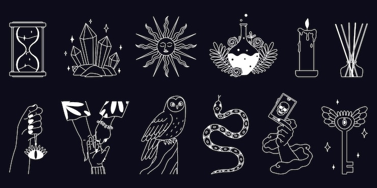 Gratis Vector verzameling van geïsoleerde mystieke boho-pictogrammen met schoolbord zwart-wit afbeeldingen van slangen, vogels en kaarssymbolen vectorillustratie