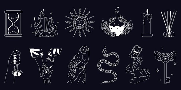 Verzameling van geïsoleerde mystieke boho-pictogrammen met schoolbord zwart-wit afbeeldingen van slangen, vogels en kaarssymbolen vectorillustratie