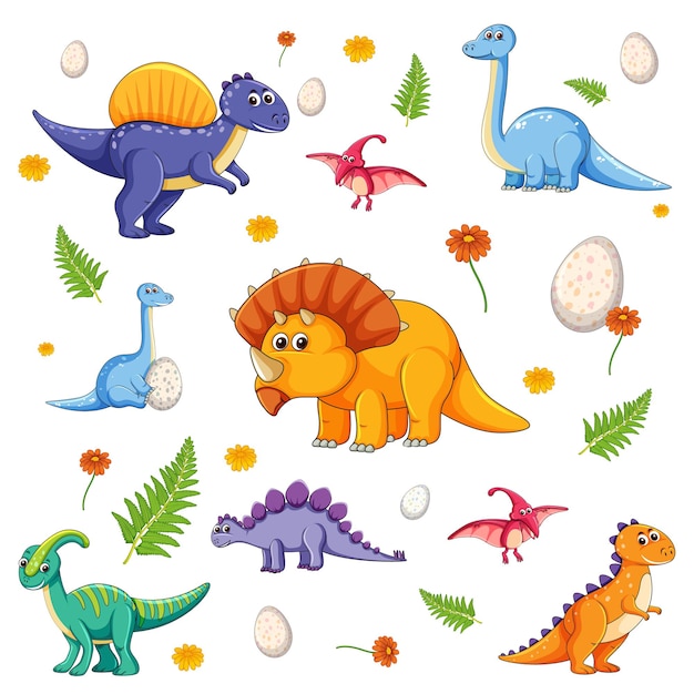 Verzameling van geïsoleerde verschillende dinosaurussen stripfiguur op witte achtergrond