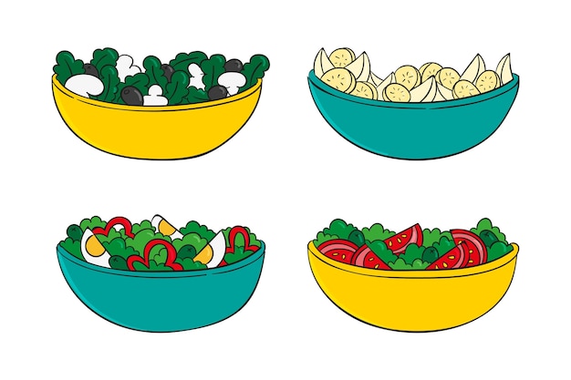 Gratis vector verzameling van gezond fruit en salades kommen