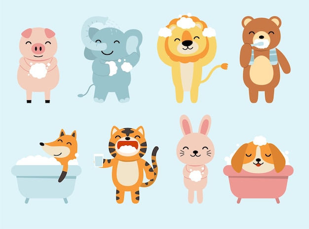 Verzameling van grappige dieren in de badkamer, baden, douche. Konijn, vos, hond, leeuw, olifant, varken, beer in cartoon-stijl.