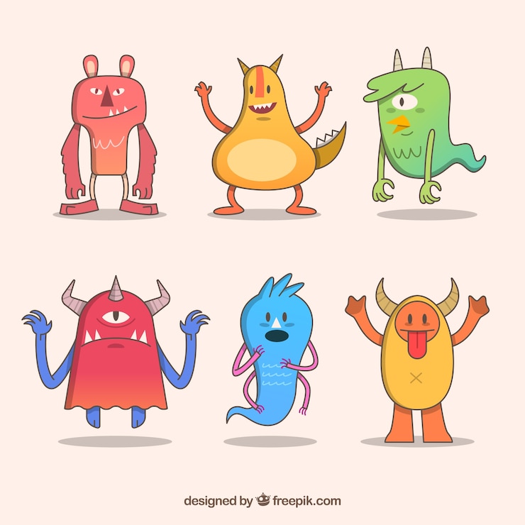 Gratis Vector verzameling van grappige monsters in vlakke stijl