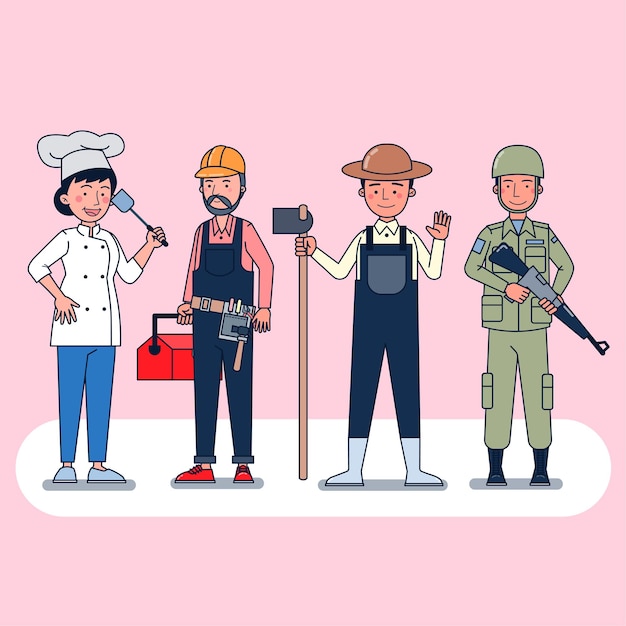 Gratis vector verzameling van grote reeks geïsoleerde verschillende beroepen of beroepsmensen die professionele uniforme, platte illustratie dragen.