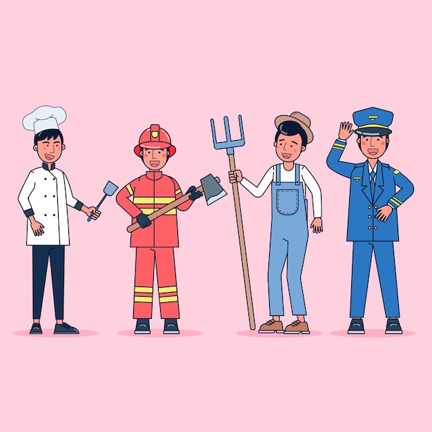 Gratis vector verzameling van grote reeks geïsoleerde verschillende beroepen of beroepsmensen die professionele uniforme, platte illustratie dragen.