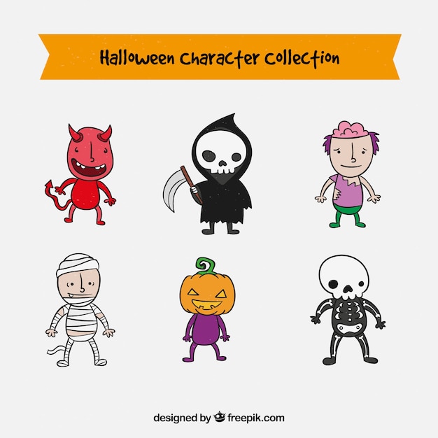 Gratis vector verzameling van halloween karakters in een schattige handgetekende stijl