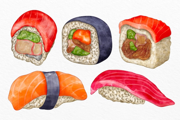 Gratis vector verzameling van handgeschilderde sushi