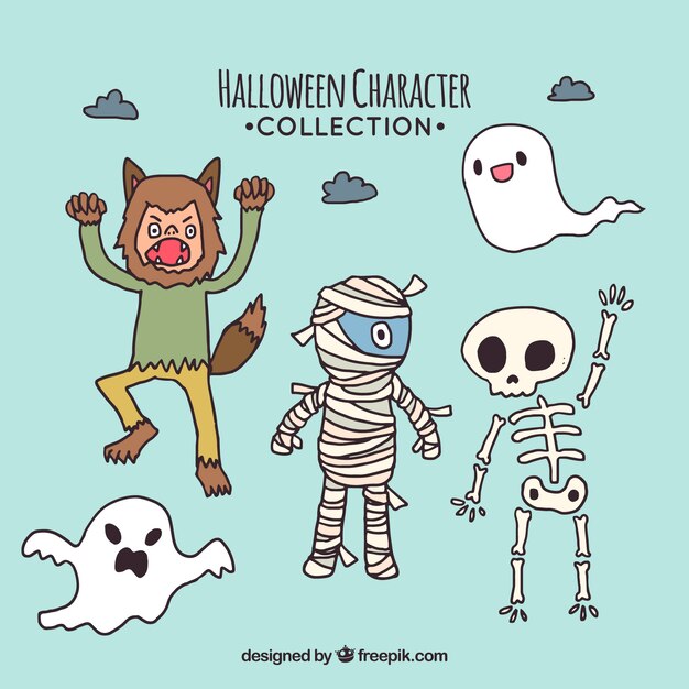 Verzameling van handgetekende Halloween karakters
