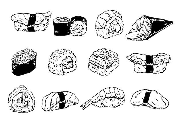 Verzameling van handgetekende Sushi Doodles