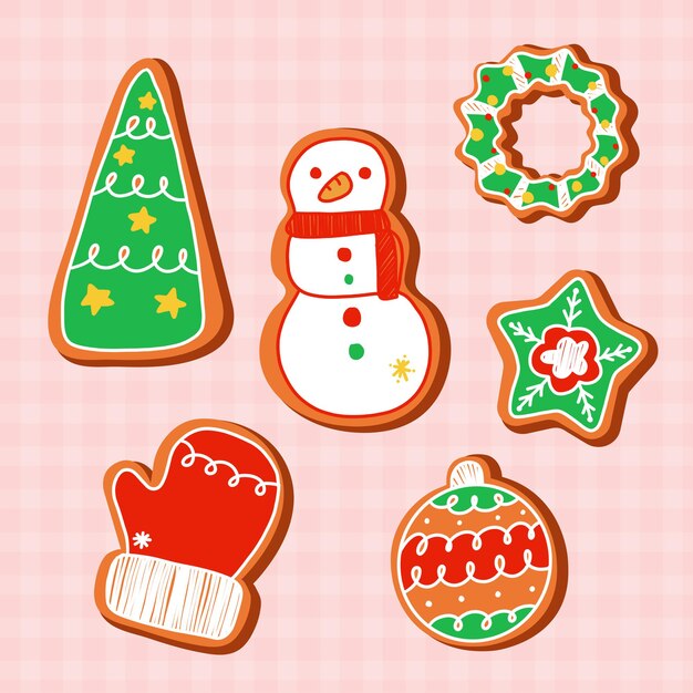 Verzameling van heerlijke koekjes in het kerstseizoen met handschoen, krans, sneeuwvlok, kerstboom in cartoonstijl, vectorillustratie
