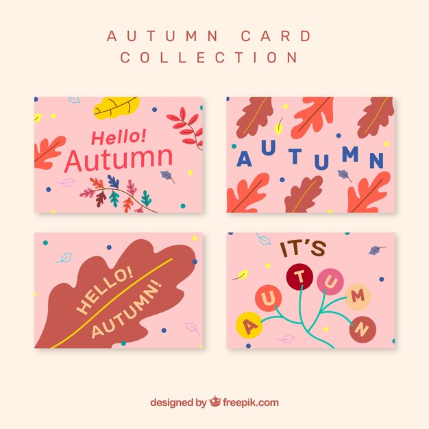Verzameling van herfst kaarten met kleurrijke bladeren