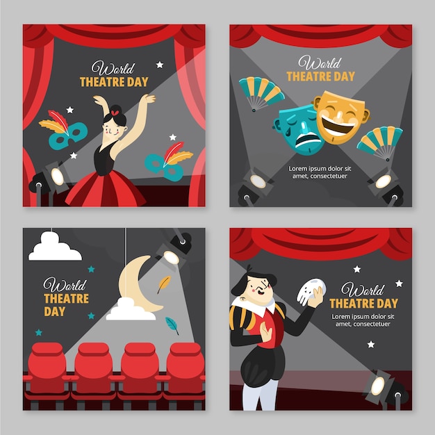 Gratis vector verzameling van instagramposts voor platte wereldtheaterdag