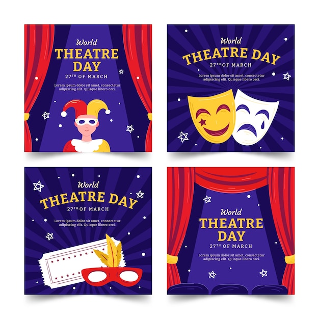 Gratis vector verzameling van instagramposts voor platte wereldtheaterdag